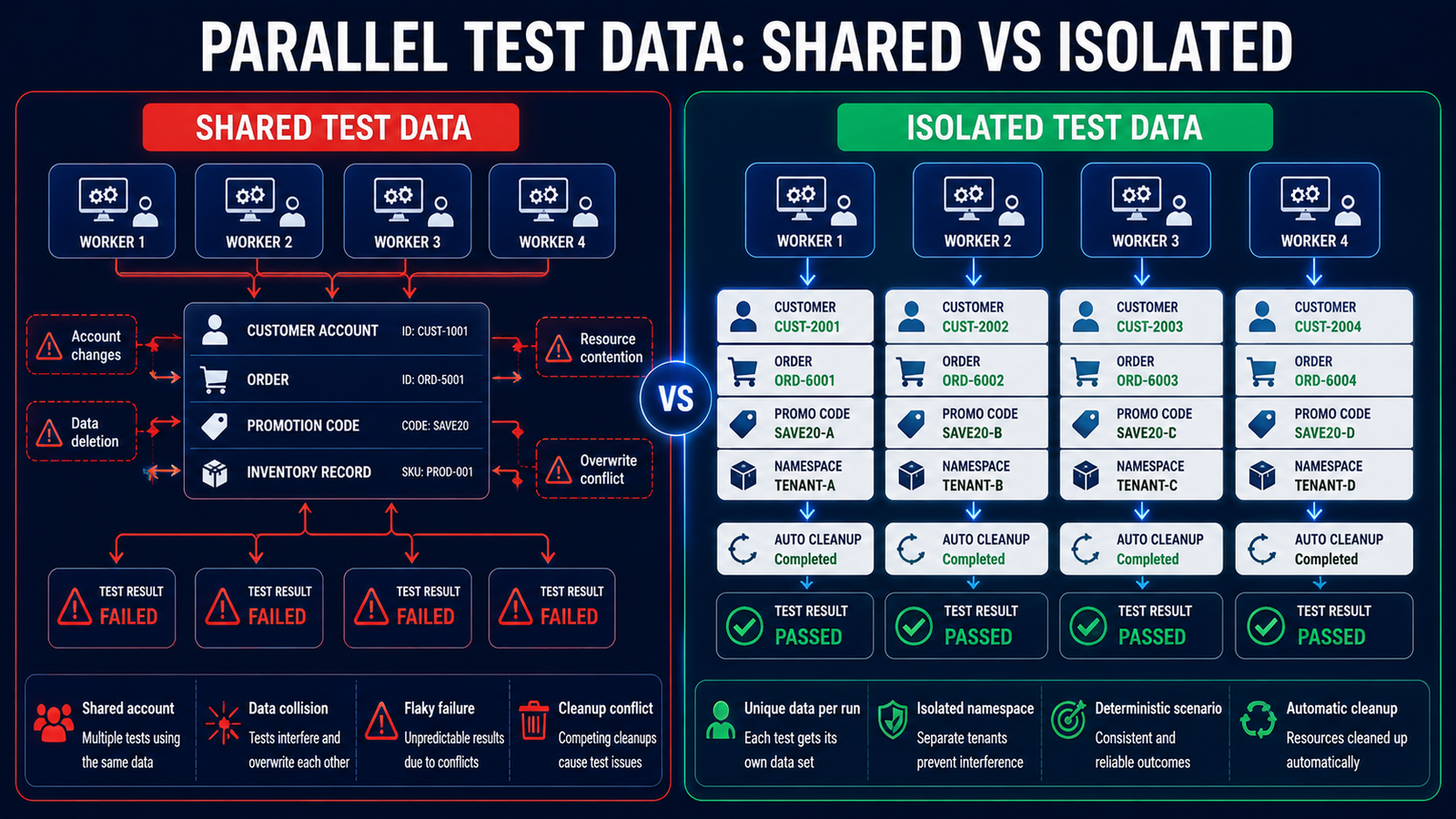 Parallel test data collisions compared with isolated test data per test run