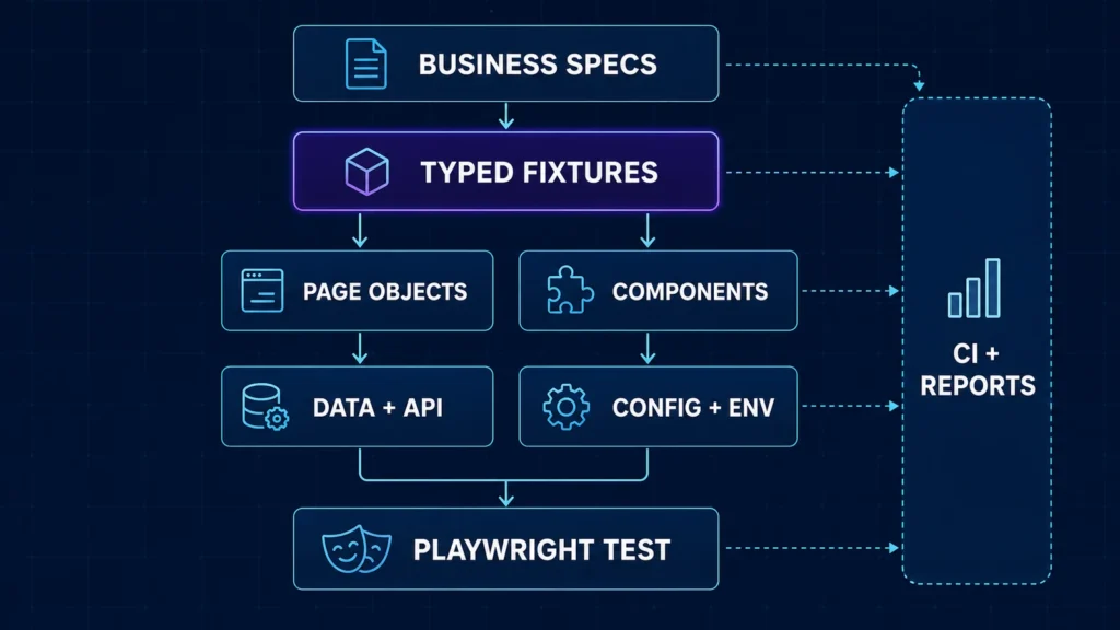 Playwright framework architecture showing specs flowing through typed fixtures to page objects, components, data, configuration, and Playwright primitives