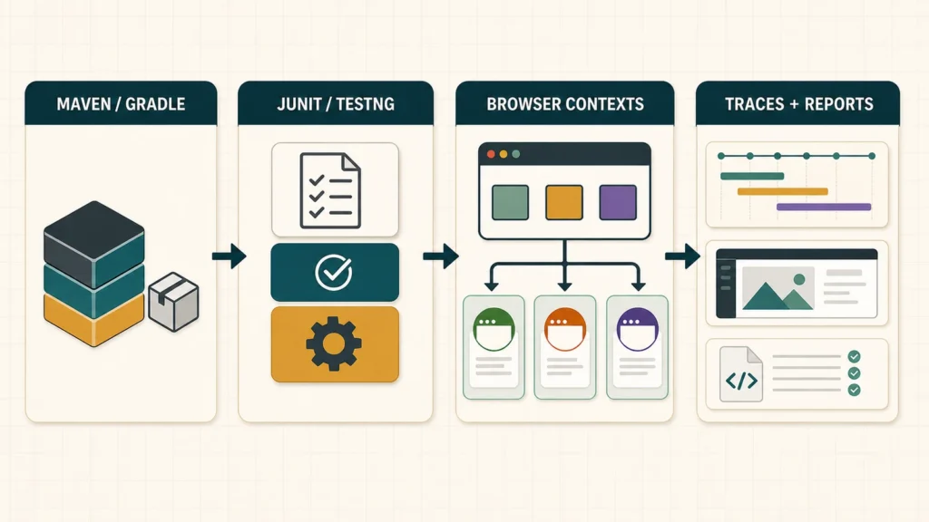Playwright Java workflow from Maven or Gradle through JUnit or TestNG, isolated browser contexts, and failure evidence