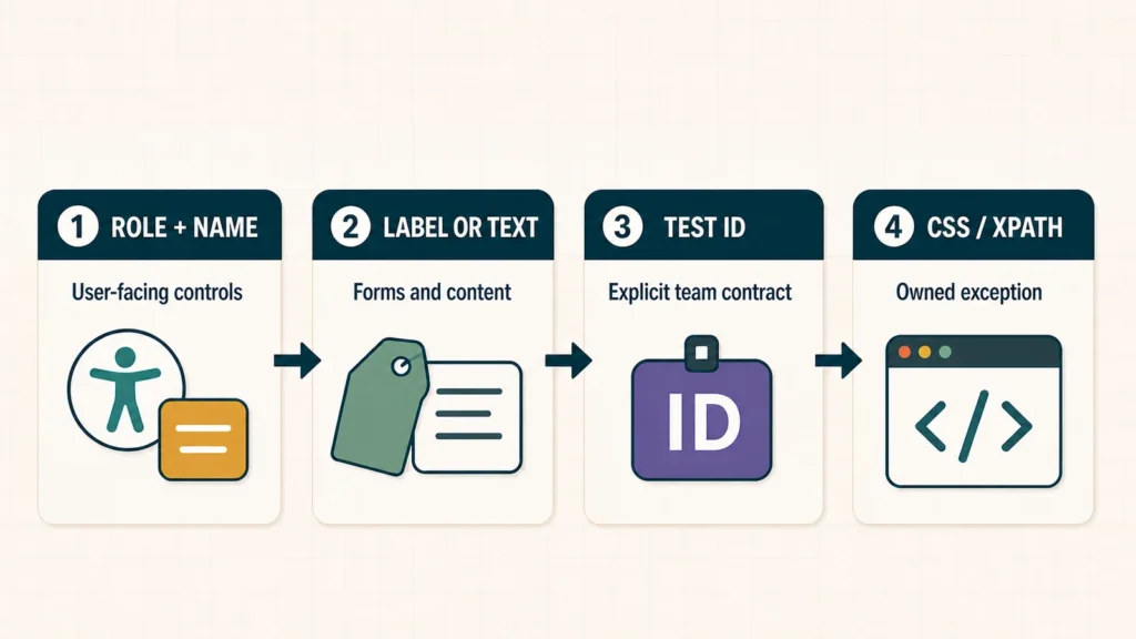 Decision ladder for choosing Playwright locators by role, label or text, test ID, and CSS or XPath