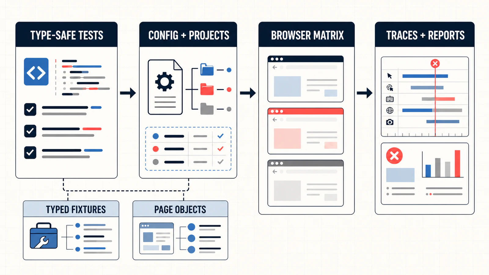 Playwright TypeScript automation workflow from typed tests through projects, browsers, and failure reports