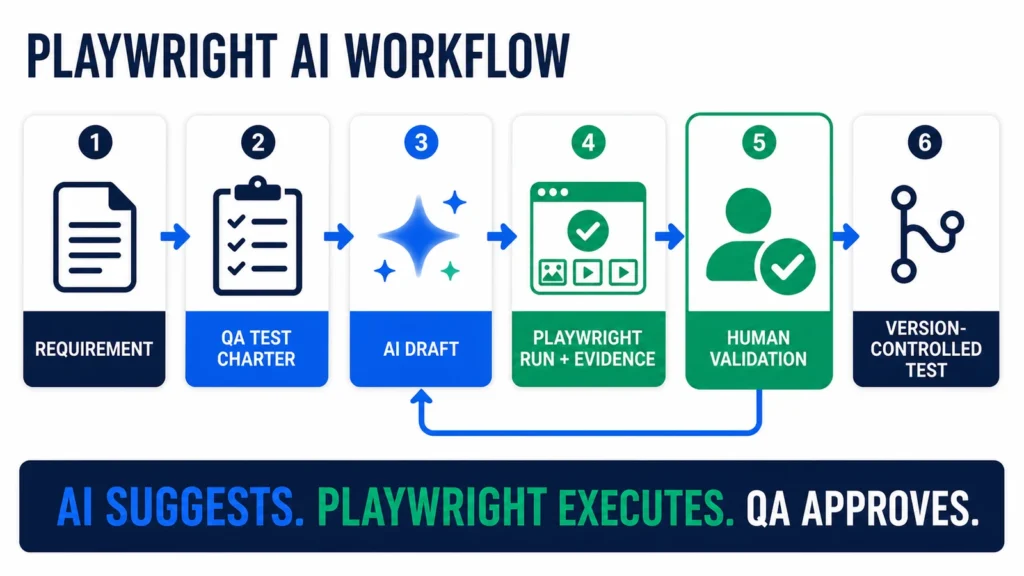 Playwright AI workflow from requirement and QA test charter through AI draft, Playwright evidence, human validation, and a version-controlled test