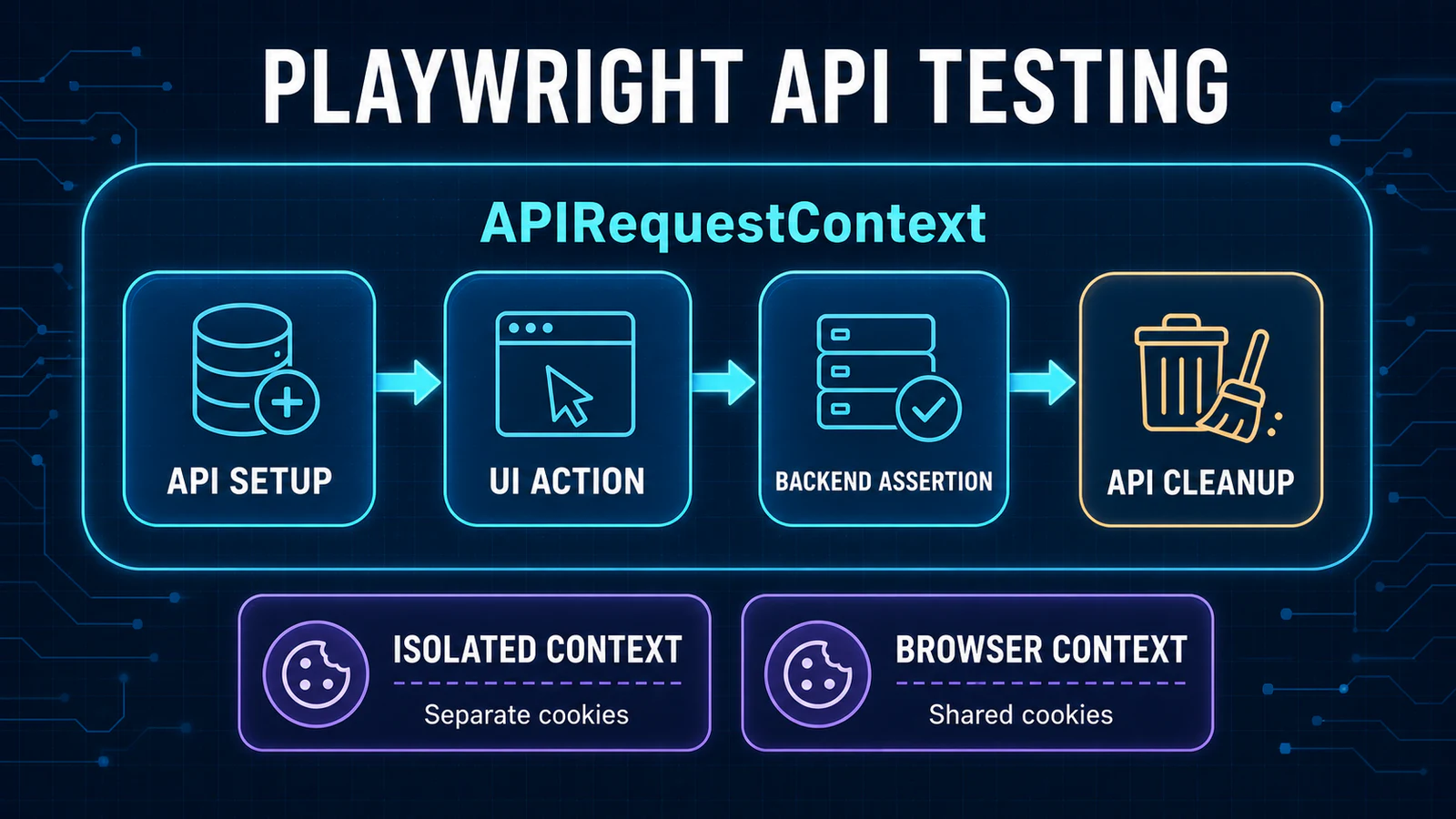 Playwright API testing workflow showing API setup, UI action, backend assertion, and API cleanup with APIRequestContext