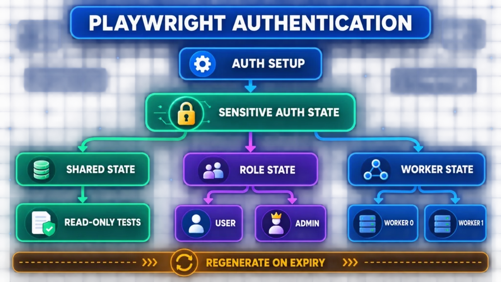 Playwright authentication workflow comparing shared, role-specific, and worker-specific storage state strategies