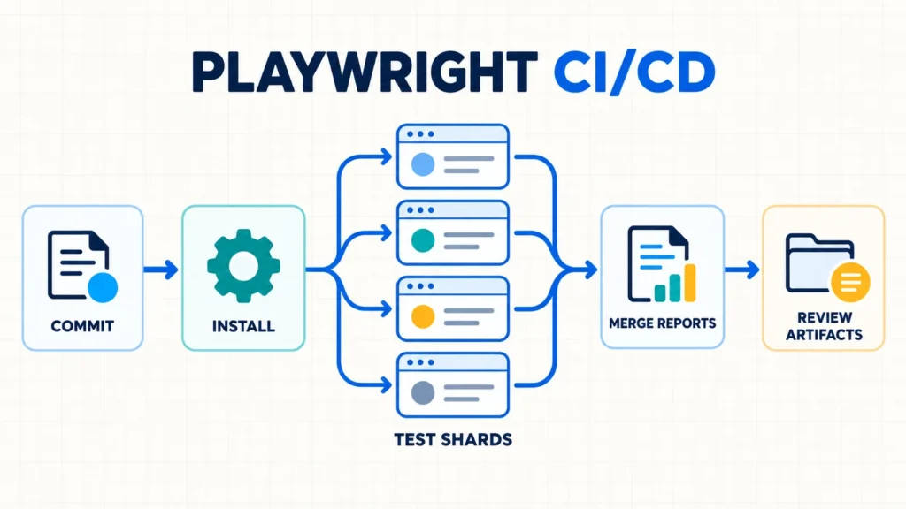 Playwright CI/CD workflow from commit through install and parallel test shards to merged reports and retained artifacts