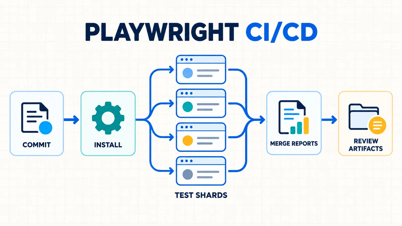 Playwright CI/CD workflow from commit through install and parallel test shards to merged reports and retained artifacts