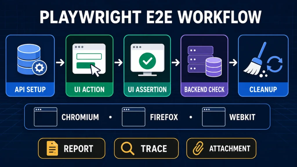 Playwright E2E workflow from API setup through UI action, backend validation, cleanup, and reporting