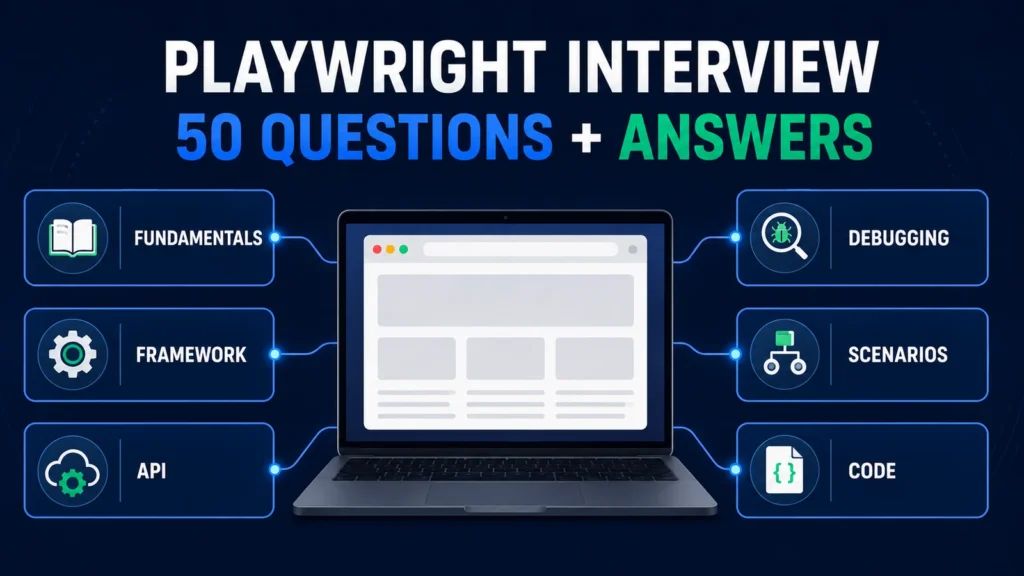 Playwright interview preparation map covering fundamentals, frameworks, APIs, debugging, scenarios, and coding