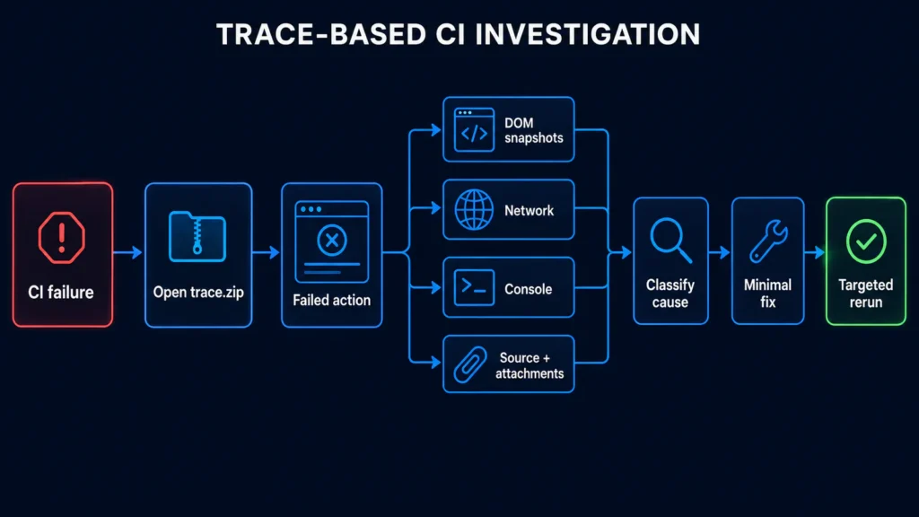 Playwright Trace Viewer CI investigation flow from failed action through DOM, network, console and source evidence to a targeted rerun