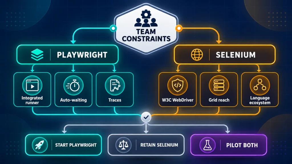 Decision map comparing Playwright's integrated modern web testing stack with Selenium's standards-based WebDriver, Grid, and language ecosystem