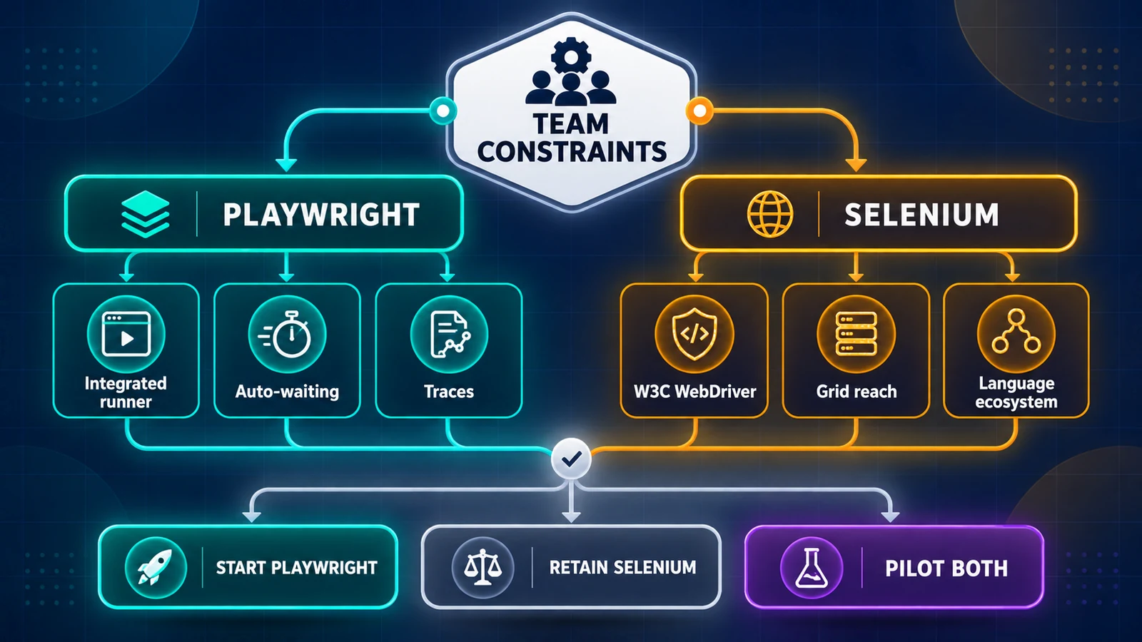 Decision map comparing Playwright's integrated modern web testing stack with Selenium's standards-based WebDriver, Grid, and language ecosystem